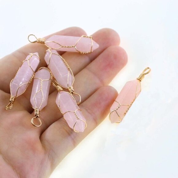 Rose Quartz gold wire wrapped crystal with 18k gold necklace New - Picture 3 of 6